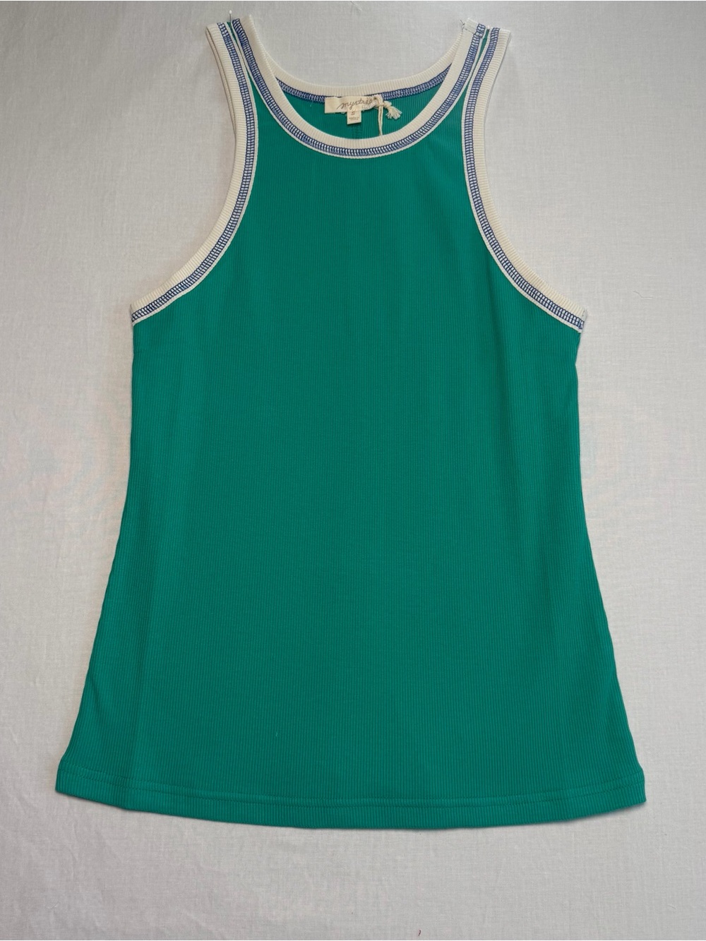 Mystree Teal Green Ribbed Tank with White & Navy Trim